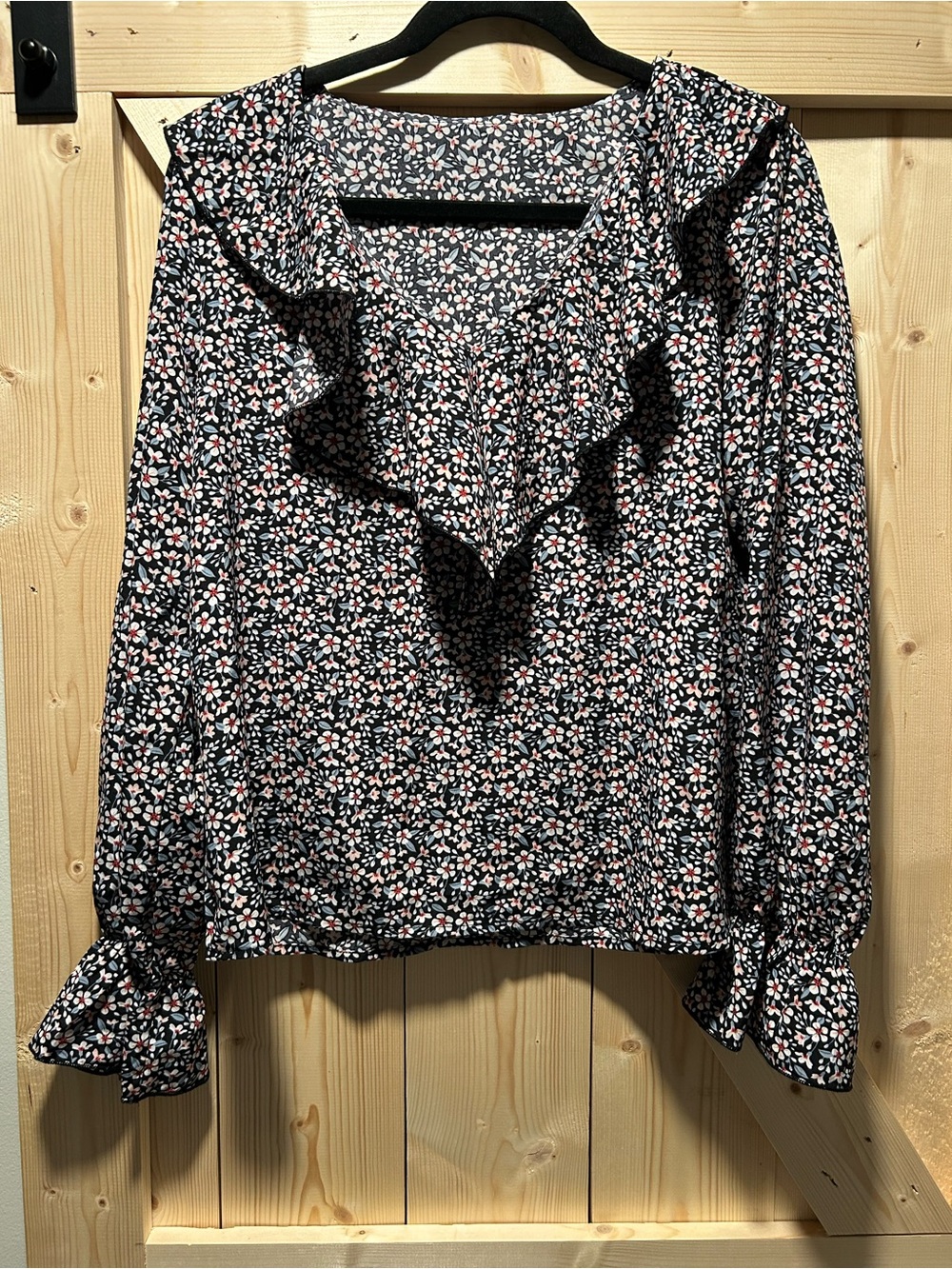 SHEIN Black Floral Ruffle V-Neck Blouse with Pink Accents